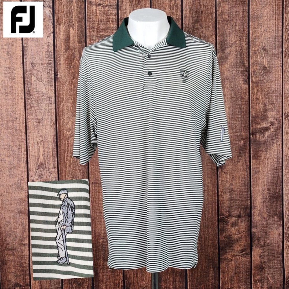 C.C. Detroit 1897 Green and White Striped Stretch Golf Polo Man With Club